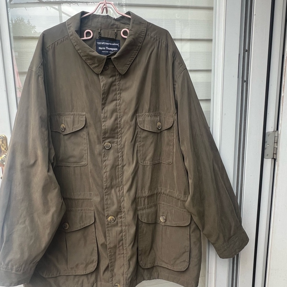 Vintage Norm Thompson Hunting Cargo Pockets Long Field Jacket Mens  L Khaki